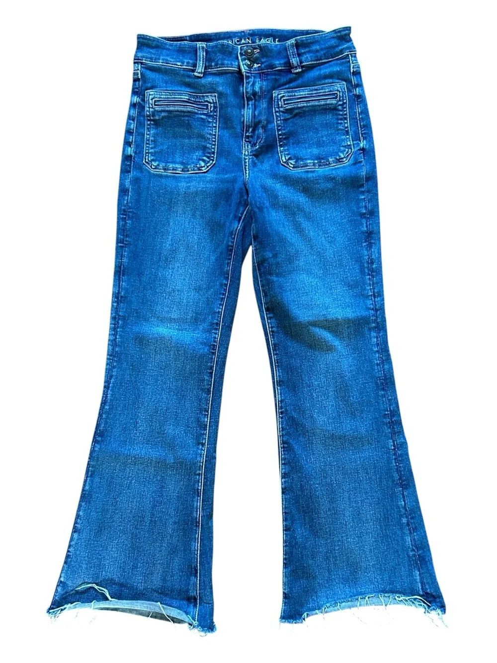 American Eagle Super High Rise Flare Jeans with Frayed Hem